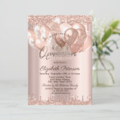 Tiara, Rose Gold Glitzer Drops Balloons Quinceañer Einladung (Stehend Vorderseite)