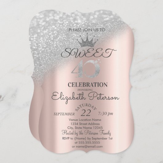Tiara, Rose Gold Sweet 40. Glitzer Bokeh Ombre Einladung (Vorne/Hinten)