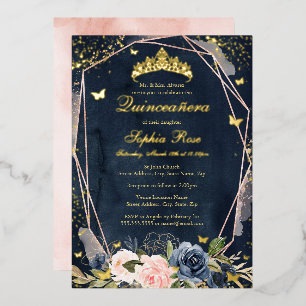 Tiara Schmetterling Blumen Navy Rosa Quinceanera Folieneinladung