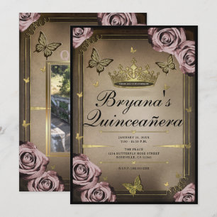 Tiara Schmetterlinge Blassrosa Rosen Quinceañera Einladung