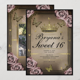 Tiara Schmetterlinge Blassrosa Rosen Sweet 16 Foto Einladung