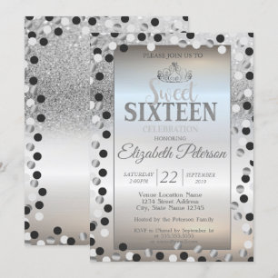 Tiara, Silber Glitter Bokeh Punkte Sweet 16 Party Einladung