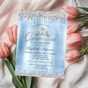 Tiara, Silber-Glitter-Tropfen Blaue Quinceañera Einladung
