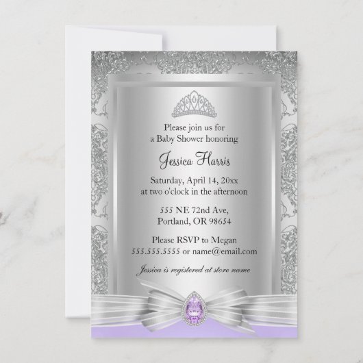 Tiara & Silver Damask Lila Kinderdusche Einladung (Rückseite)