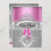 Tiara & Silver Damask Pink Baby Dusche einladen Einladung (Vorne/Hinten)