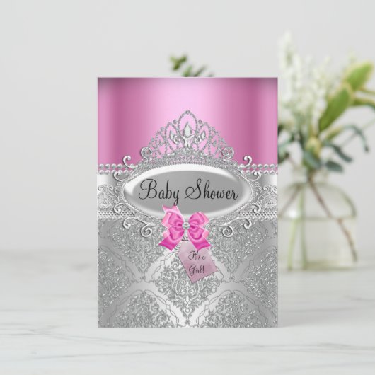 Tiara & Silver Damask Pink Baby Dusche einladen Einladung (Stehend Vorderseite)