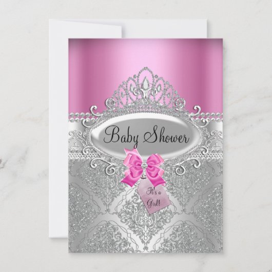 Tiara & Silver Damask Pink Baby Dusche einladen Einladung (Vorderseite)