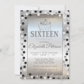 Tiara, Silver Glitzer Bokeh Dots Sweet 16 Party Einladung (Vorderseite)
