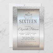 Tiara, Silver Glitzer Bokeh Ombre Sweet 16 Party Einladung (Vorderseite)
