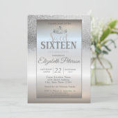 Tiara, Silver Glitzer Bokeh Ombre Sweet 16 Party Einladung (Stehend Vorderseite)