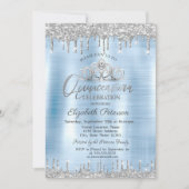 Tiara, Silver Glitzer Drops Blue Quinceañera Einladung (Vorderseite)
