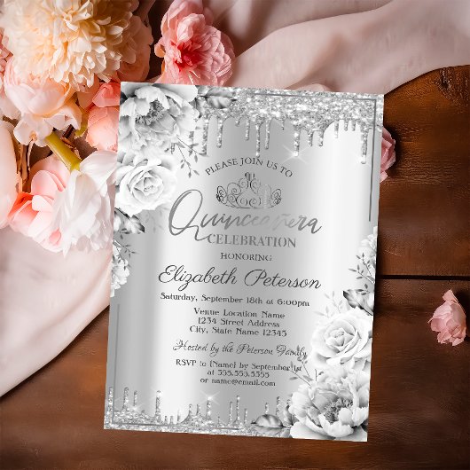 Tiara, Silver Glitzer Drops Blume Quinceañera Einladung