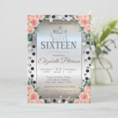 Tiara, Silver Glitzer Rose Dots Sweet 16 Party Einladung (Stehend Vorderseite)