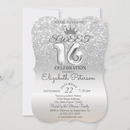 Tiara, Silver Sweet 16 Glitzer Bokeh Ombre Party Einladung (Vorderseite)