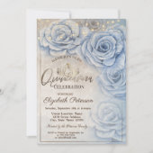 Tiara, String Lights Blue Rose Quinceañera Einladung (Vorderseite)