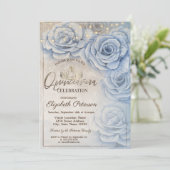 Tiara, String Lights Blue Rose Quinceañera Einladung (Stehend Vorderseite)