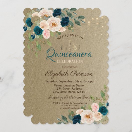 Tiara, String Lights Blume Kraft Quinceañera Einladung (Vorne/Hinten)