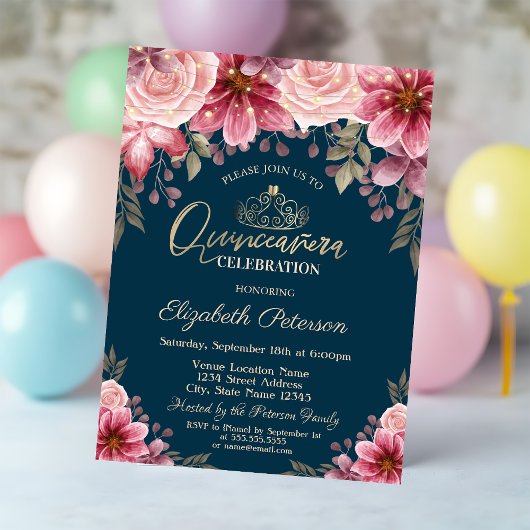 Tiara, String Lights Blume Navy Blue Quinceañera Einladung