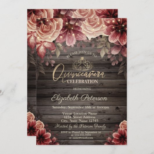 Tiara, String Lights Blume Wood Quinceañera Einladung (Vorne/Hinten)