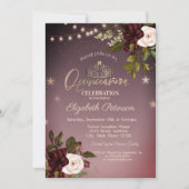 Tiara, String Lights, Burgund Rose Quinceañera Einladung (Vorderseite)