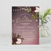 Tiara, String Lights, Burgund Rose Quinceañera Einladung (Stehend Vorderseite)