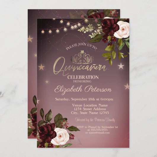 Tiara, String Lights, Burgund Rose Quinceañera Einladung (Vorne/Hinten)