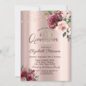 Tiara, String Lights Burgundy Rose Quinceañera Einladung (Vorderseite)