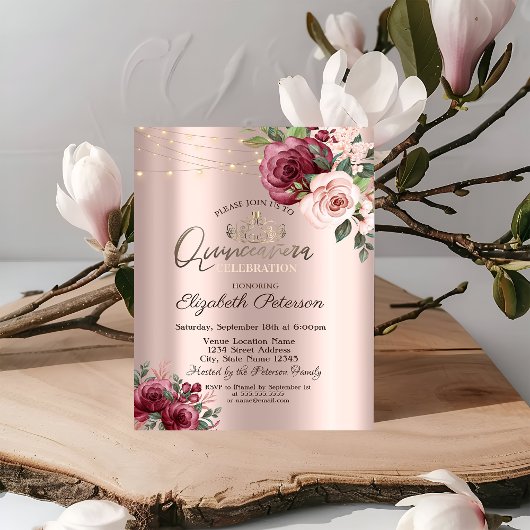 Tiara, String Lights Burgundy Rose Quinceañera Einladung