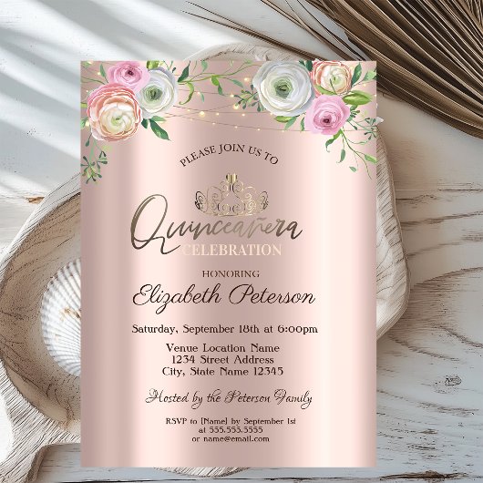 Tiara, String Lights Chic Rose Quinceañera Einladung