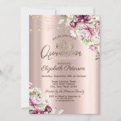 Tiara, String Lights Rosa Blume Quinceañera Einladung (Vorderseite)