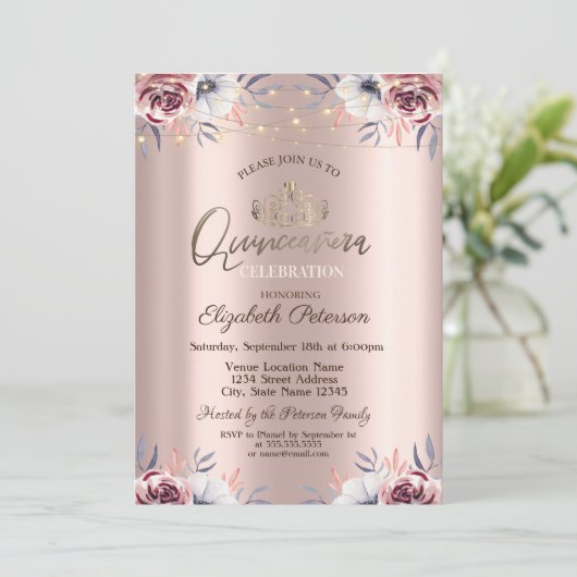 Tiara, String Lights Rose Gold Quinceañera Einladung (Stehend Vorderseite)
