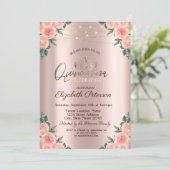 Tiara, String Lights Rose Quinceañera Einladung (Stehend Vorderseite)