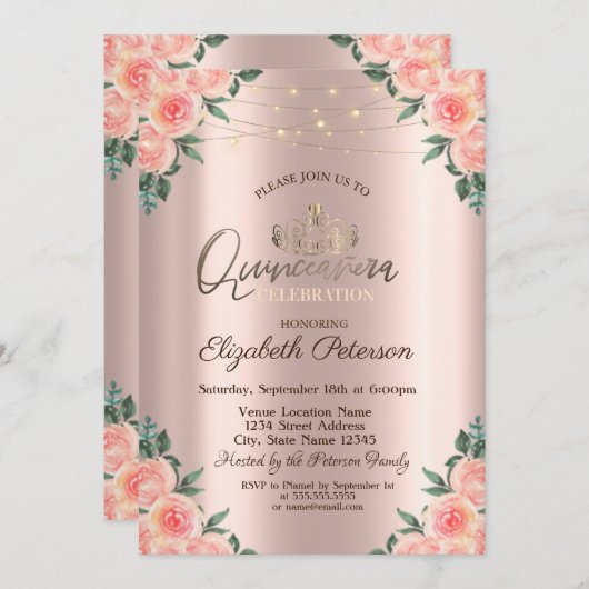 Tiara, String Lights Rose Quinceañera Einladung (Vorne/Hinten)