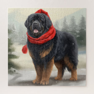 Tibet-Mastiff-Hund im Schnee Weihnachten Puzzle
