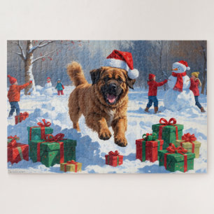 Tibet-Mastiff läuft im Schnee mit Weihnachtsmütze Puzzle