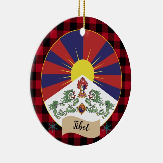Tibet, Roter Büffel kariert und tibetische Flagge Keramik Ornament (Rechts)
