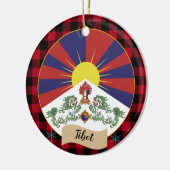 Tibet, Roter Büffel kariert und tibetische Flagge Keramik Ornament (Links)