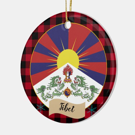 Tibet, Roter Büffel kariert und tibetische Flagge Keramik Ornament (Links)