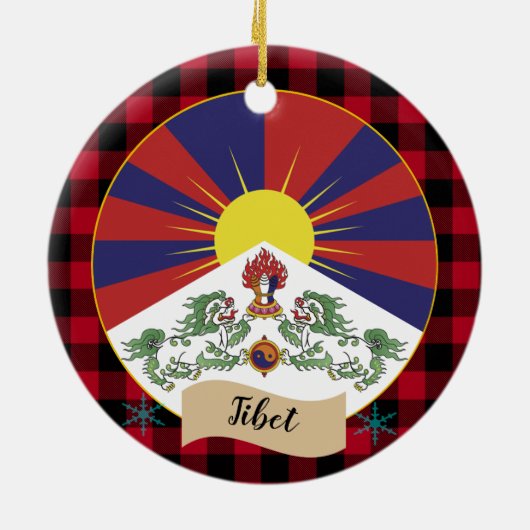 Tibet, Roter Büffel kariert und tibetische Flagge Keramik Ornament (Hinten)