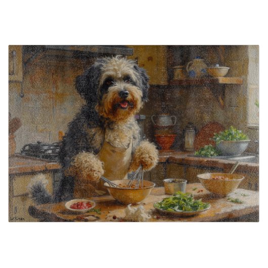 Tibet-Terrier beim Kochen in der Küche Schneidebrett (Vorderseite)