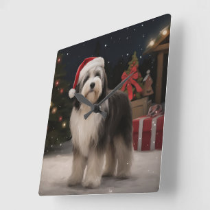 Tibet-Terrier-Hund im Schnee Weihnachten  Quadratische Wanduhr
