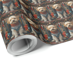 Tibet-Terrier-Hund mit Weihnachtsgeschenken am Kam Geschenkpapier