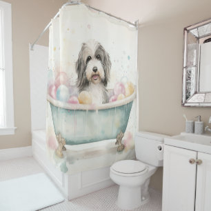 Tibet-Terrier in der Badewanne Aquarell-Hunde-Kuns Duschvorhang