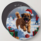 Tibetan Mastiff läuft mit Weihnachtsmut im Schnee Button (Vorne & Hinten)