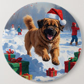 Tibetan Mastiff läuft mit Weihnachtsmut im Schnee Button (Vorderseite)