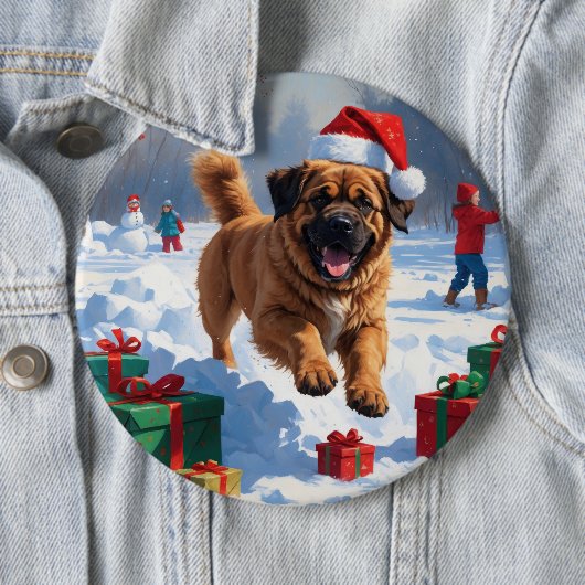 Tibetan Mastiff läuft mit Weihnachtsmut im Schnee Button (Beispiel)