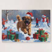 Tibetan Mastiff läuft mit Weihnachtsmut im Schnee Puzzle (Horizontal)