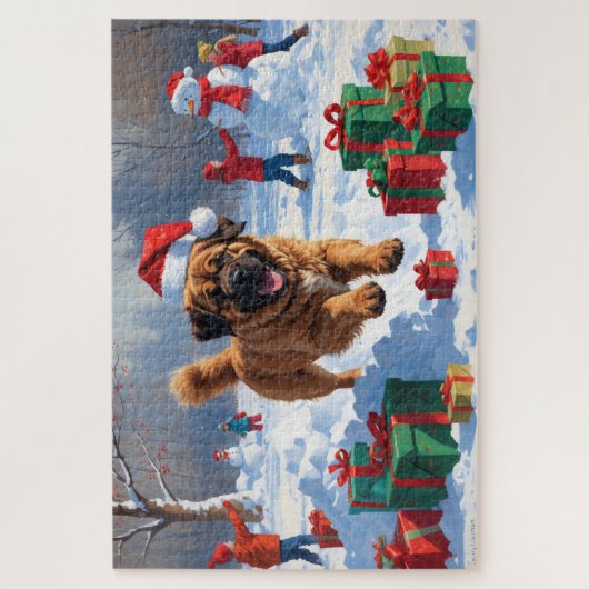 Tibetan Mastiff läuft mit Weihnachtsmut im Schnee Puzzle (Vertikal)