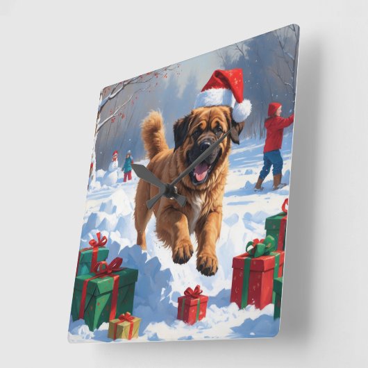 Tibetan Mastiff läuft mit Weihnachtsmut im Schnee Quadratische Wanduhr (Winkel)
