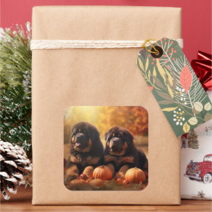 Tibetan-Mastiff-Welpe Herbstfreude Kürbis Quadratischer Aufkleber